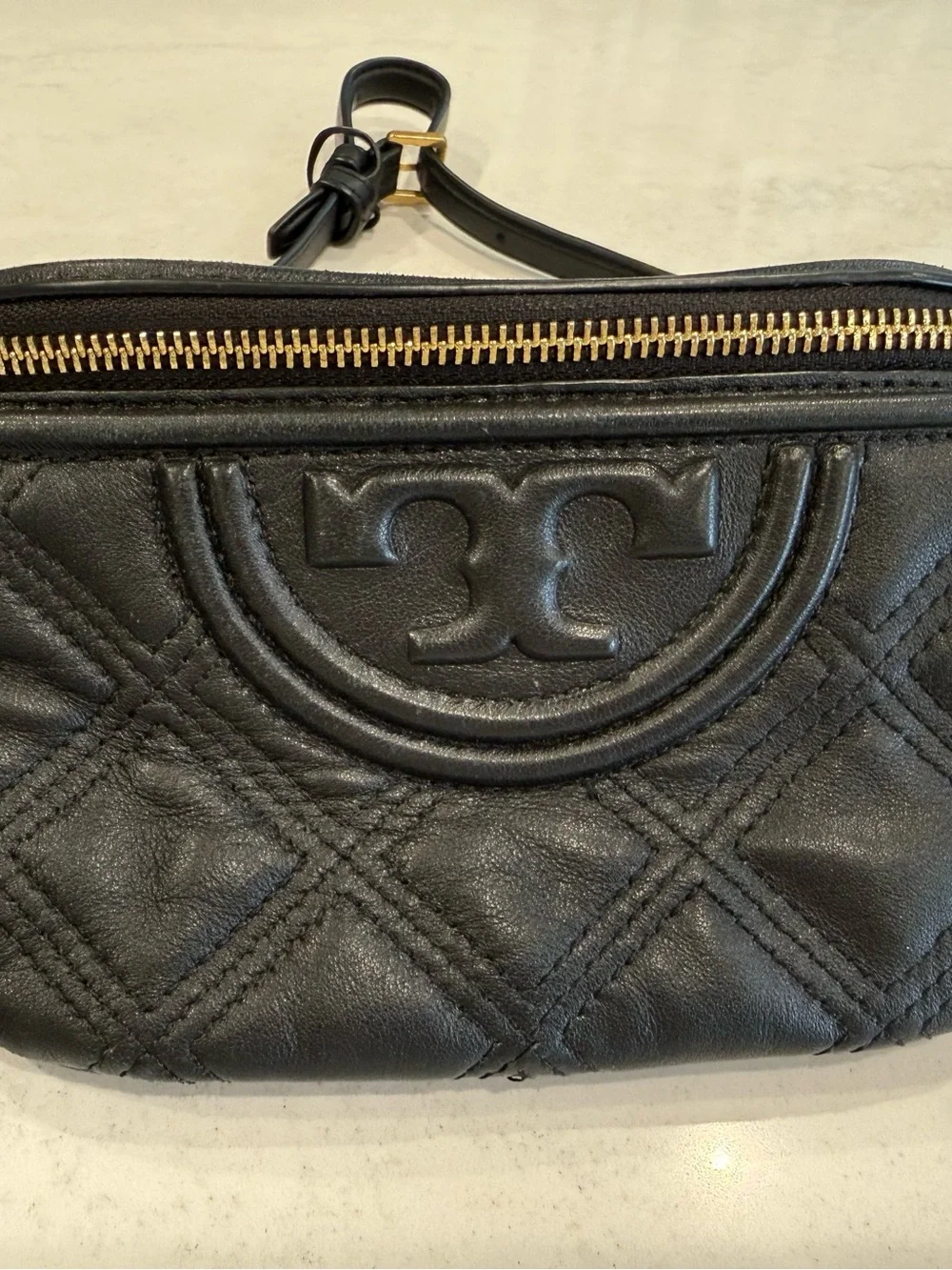 Tory Burch Black Quilted Leather Crossbody Belt Bag with Tassel Accent